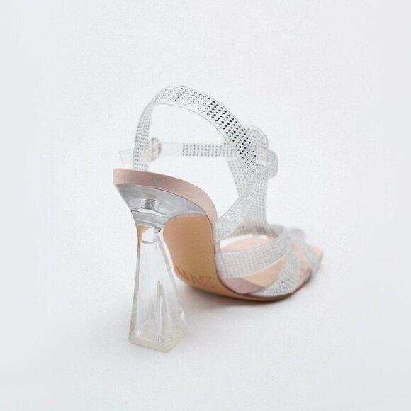 NWT Zara transparent rhinestone embellished vinyl heeled cage strappy sandals - Picture 5 of 12